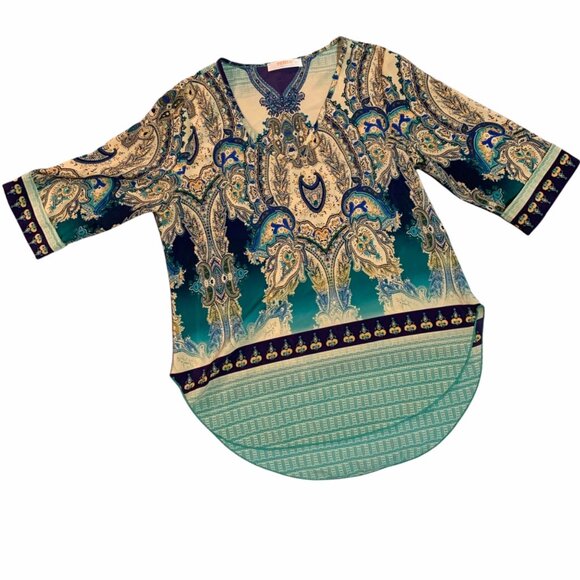Renee C Boho Boho Blues Paisley 3/4 Sleeve Top S - Picture 1 of 4